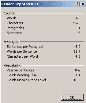 MS Word Readability Statistics screenshot